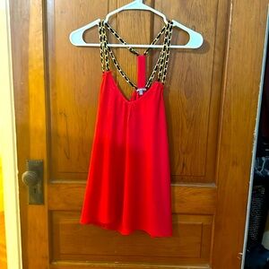Charlotte Russe, red silk V-neck tank top with metal chains